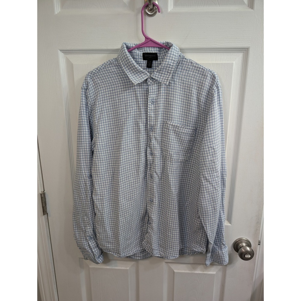 Magaschoni Man Button Down Shirt Mens Blue Gingham Linen‎ Blend - Size L